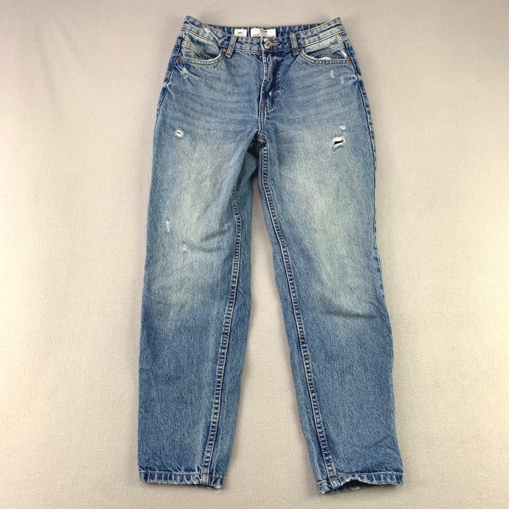 Bershka Mom Jeans Women 4 Blue High Rise Distressed Tapered Denim Cotton